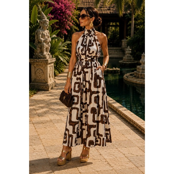 Fashion Nova Pants - Fashion Nova Womens Brown White Geometric Halter Wide Leg Jumpsuit Large Pocket